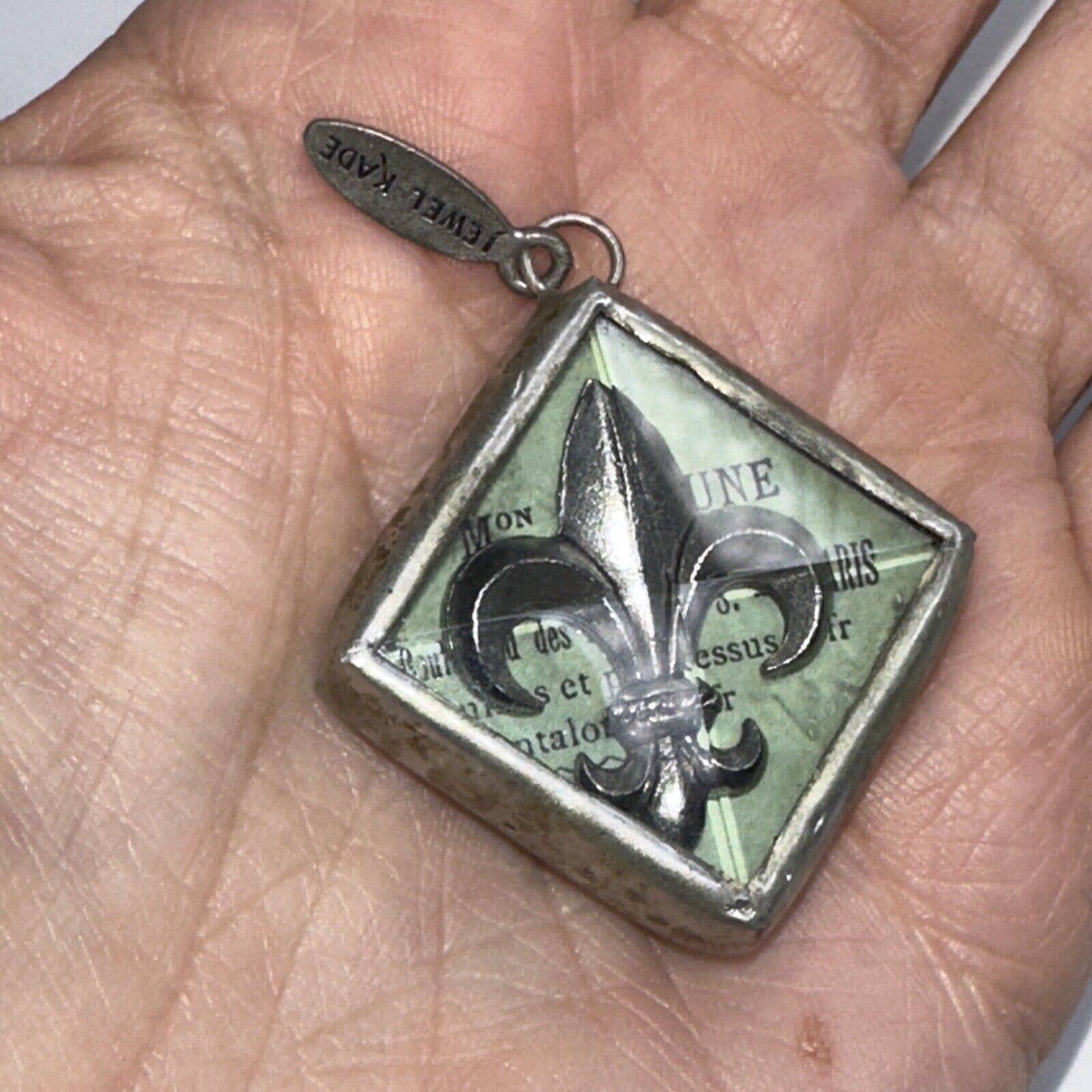 Jewel Kade Charm Rose Fleur De Lis Silver Tone Square Signed Pendant 17$